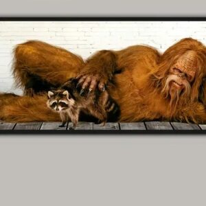 Bigfoot with Raccoon - Unframed Canvas Print - 34" x 12"