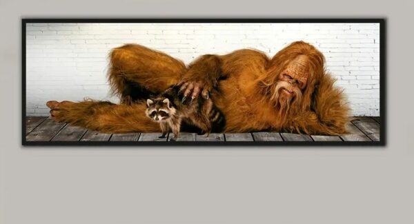 Bigfoot with Raccoon - Unframed Canvas Print - 36" x 12" White