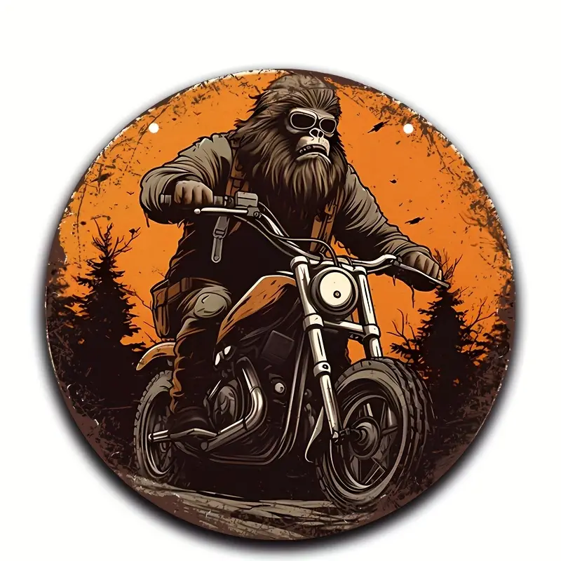 Sasquatch Riding a Motorcycle Vintage Looking Metal Sign 8×8