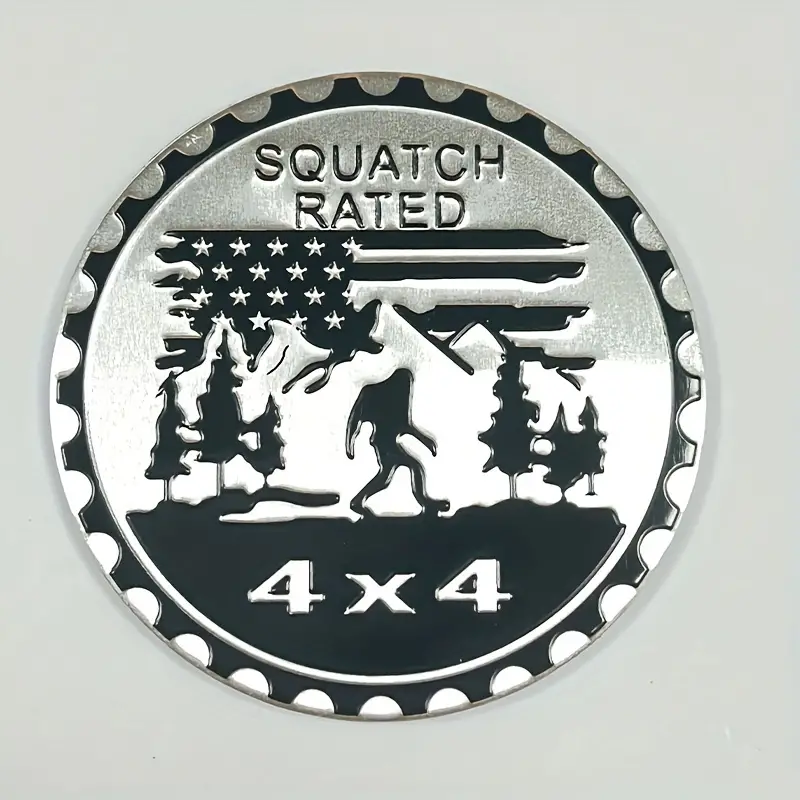 Squatch Rated 4×4 Bigfoot in the Woods with Flag Metal Badge Rated Car Emblem