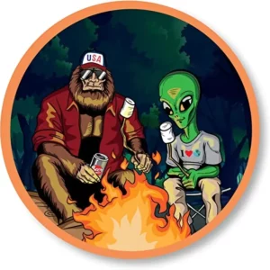 Bigfoot & Alien at a Campfire 5" Vinyl Decal - Sasquatch Approved