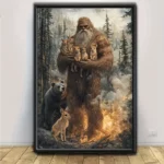 Sasquatch Rescues Animals from Forest Fire - Frameless Canvas Wall Art: Unframed, 16x24 inches
