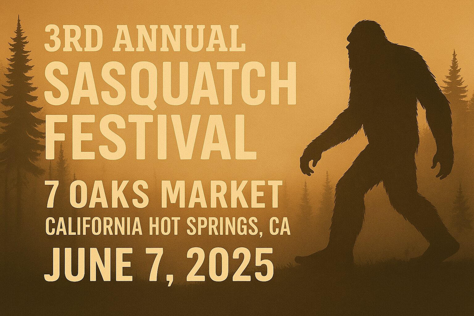The 3rd Annual Sasquatch Festival is happening on June 7, 2025, at 7 Oaks Market, about an hour north of Porterville, CA, up Highway 56.
Expect robotic dinosaurs, face painting, ga