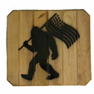 Bigfoot Carrying the USA Flag, Custom Wood Sign, Black - Handcrafted