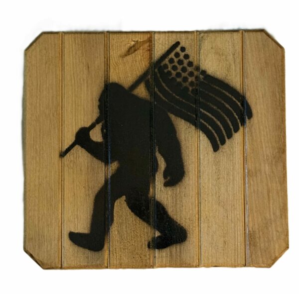 Bigfoot Carrying the USA Flag, Custom Wood Sign, Black - Handcrafted