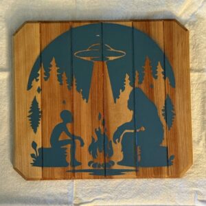 Bigfoot Meets Alien over a campfire