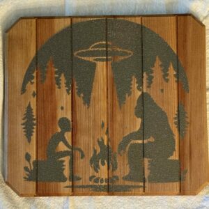 Bigfoot Meets Alien over a campfire
