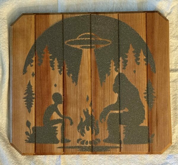 Bigfoot Meets Alien over a campfire