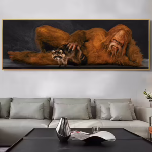 Bigfoot with Raccoon on the Slate - Unframed Canvas Print - 60" x 20" Black Slate